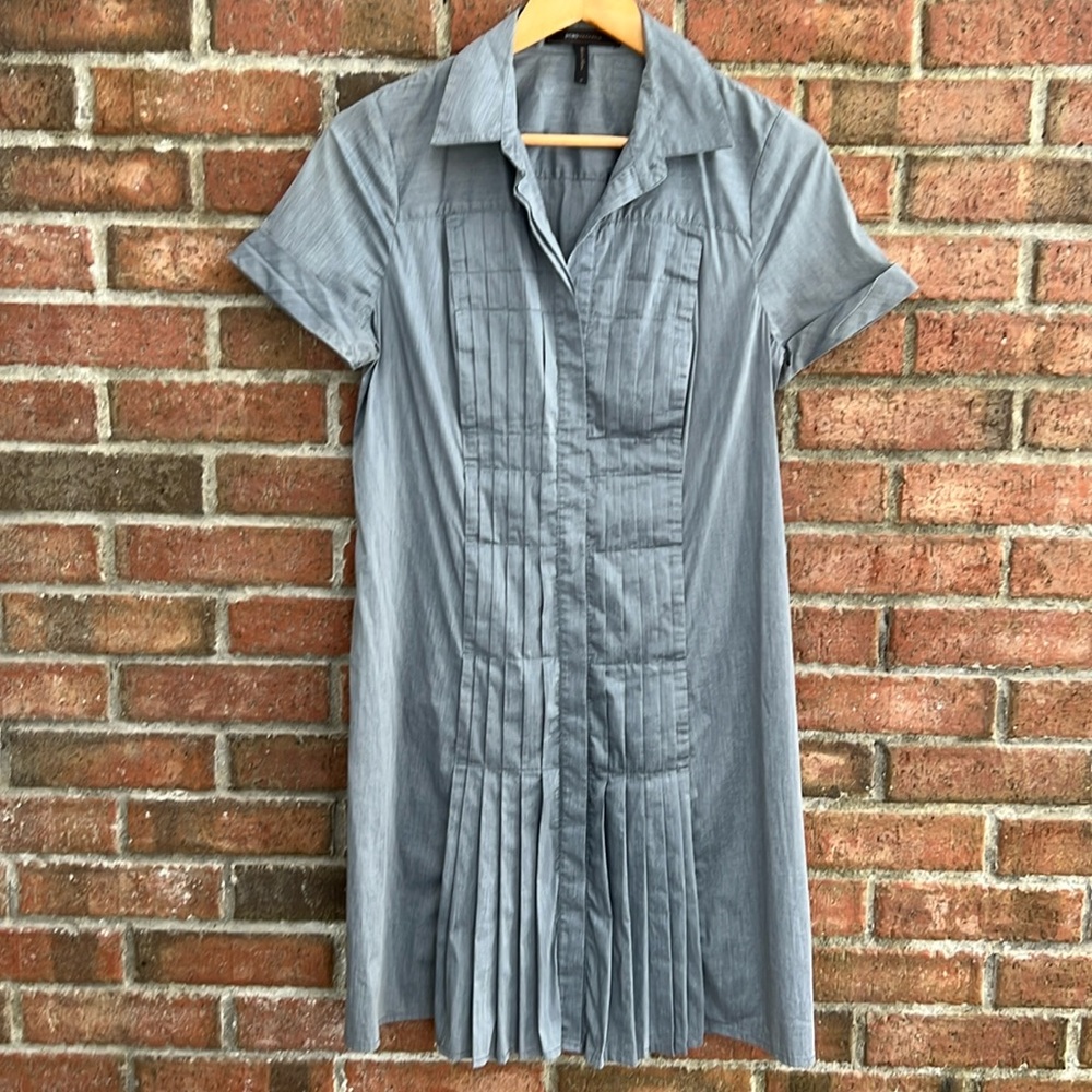 BCBGMaxmaria pleated gray blue shirtdress size M